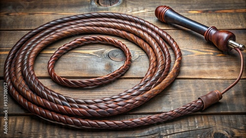 Rugged leather whip coiled and ready for action, with intricate stitching and worn patina, exudes a sense of rugged power and timeless elegance.