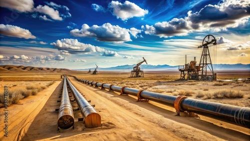 Rustic steel pipeline stretches across vast, arid landscape, pumpjacks and drilling rigs scattered in the distance, under a bright blue sky with few clouds.