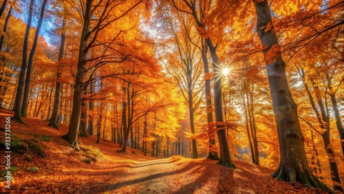 Orange autumn forest illuminated by the sun at a tilted angle, vibrant, sun, nature, trees, seasonal, sunlight, forest, peaceful, leaves,autumn, outdoors, colorful, fall, scenery, tranquil