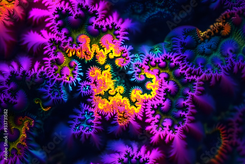 Psychedelic Mandelbrot Set pattern with a complex fractal design in vibrant hues