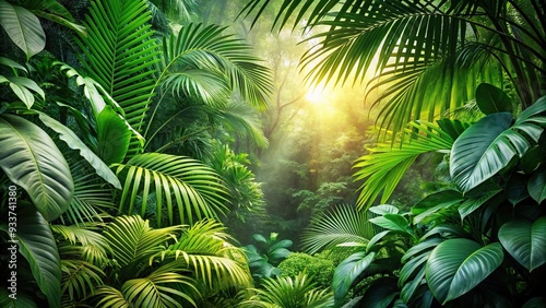 Lush green foliage in tropical jungle with asymmetrical composition, dense, lushness, wild,jungle, vibrant, green, environment, exotic, vibrant, environment, tropical, foliage, lush