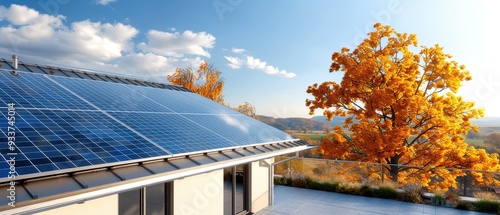 Modern house with solar panels on the roof in autumn. Renewable energy concept with clear sky and colorful foliage.