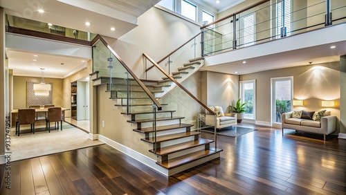 Sleek, minimalist staircase with polished chrome railings and glass balusters ascends through a bright, open-concept living area with cream walls and dark hardwood floors.