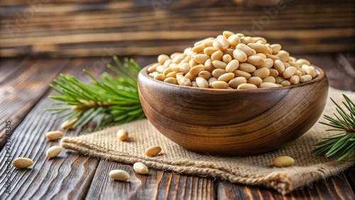 Pine nuts poured in a wooden bowl , pine nuts, wooden bowl, healthy, ingredient, organic, snack, food, close-up, natural, vegan