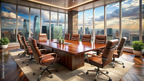 Sleek modern conference room with mahogany table, leather chairs, and city skyline view, conveying professionalism and expertise in high-stakes business dealings.