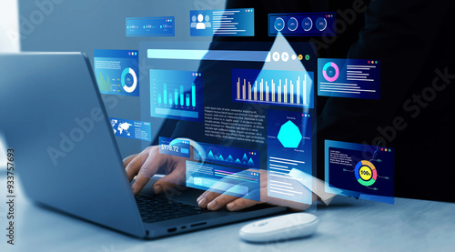 Businessman using KPI dashboard.Financial business data analytics graph dashboard. Management data System KPI connected in database for follow earnings,operations and sales data.