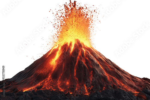 A powerful eruption of a volcano with flowing lava and spewing ash, showcasing the raw force of nature and geological activity.