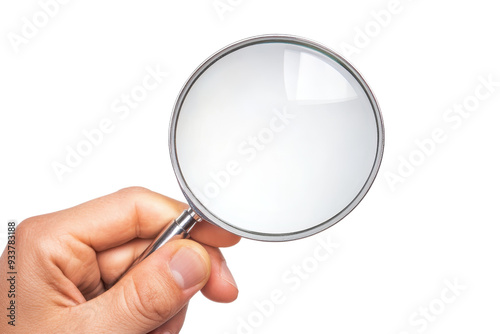 Close-up hand holding a magnifying glass isolated on transparent background. ideal for search, research, and investigation concepts.