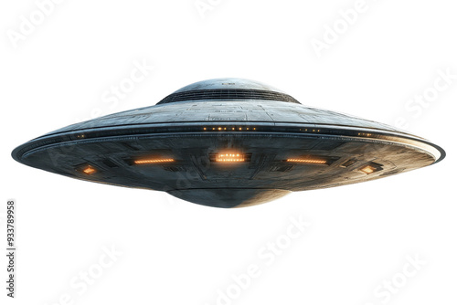 A realistic illustration of a flying saucer UFO with glowing lights, isolated on a transparent background.