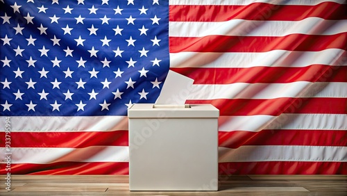 American flag proudly waves beside a ballot box, symbolizing the democratic process and exercising the right to vote in a presidential election in the United States.