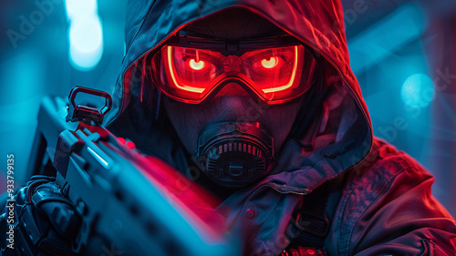 Cyberpunk mercenary costume with goggles and neon lights on a dark background.