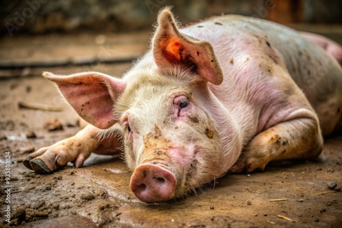 A sick pig lies on the ground, Skin lesions and paralysis evident, suffering from African Swine Fever, a highly contagious and deadly disease affecting swine populations.