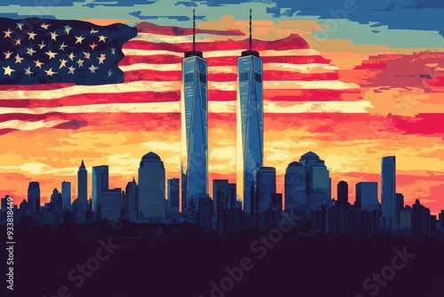 A poignant sunset scene of the New York City skyline, with the Twin Towers standing strong, an oversized USA flag flying high, and a banner paying tribute to American Patriot Day