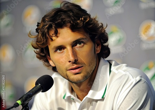 Athletic tennis player from Italy focused on responding to media inquiries during post-match press conference at a prestigious outdoor sporting event in Miami, Florida.