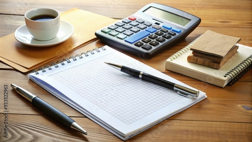 A tidy desk with a calculator, pen, and paycheck stub, surrounded by scattered papers and a notebook, symbolizing financial management and organized budgeting.