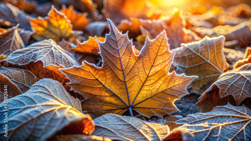 Frost-covered autumn leaves glowing in the sunlight, nature, seasonal beauty, outdoor