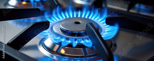 two kitchen gas stove burners, close up of blue flame,