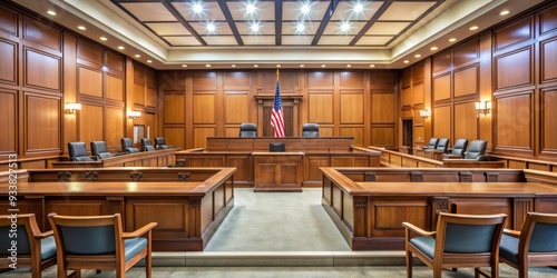 Empty courtroom with wooden benches and judge's bench , courtroom, legal, justice, empty, law, trial, judge, court