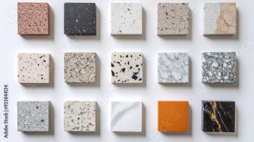 A selection of sixteen marble and granite samples laid out in a grid pattern showcasing various colors and textures.