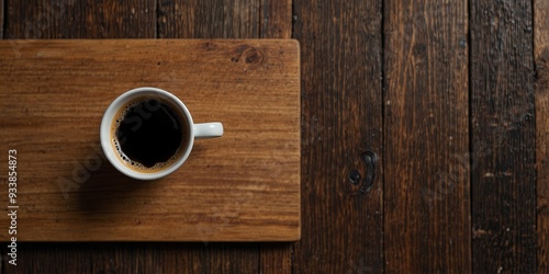 Top view of a cup of coffee displayed on a wooden surface with empty space for additional images.