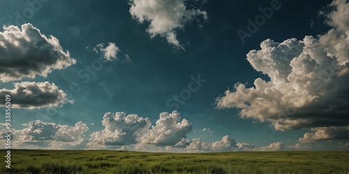 Summer grunge abstract background with blue sky clouds and green field.