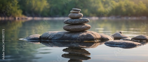 In this serene watercolor artwork, a stack of balanced stones is reflected in tranquil water with a soft, pastel background.