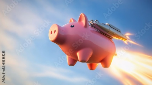 Pink piggy bank with a jetpack, rocketing through the sky, humorously depicting the idea of rapid financial growth and savings