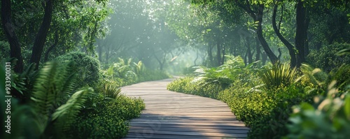 Serene wooden pathway through lush forest with dappled sunlight and abundant greenery, creating a tranquil and inviting natural scene.