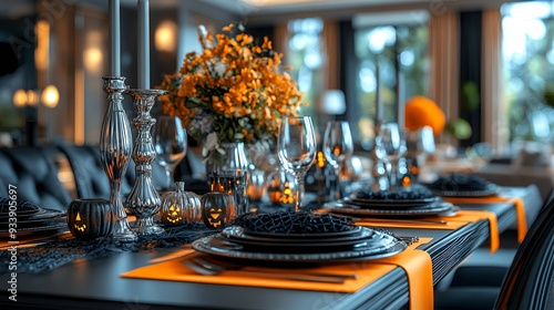 Chic Halloween Dining Area: Capture a dining area set for a Halloween party in a modern home, with a minimalist black table, orange runner, and elegant black chairs. Silver candelabras and small, tast