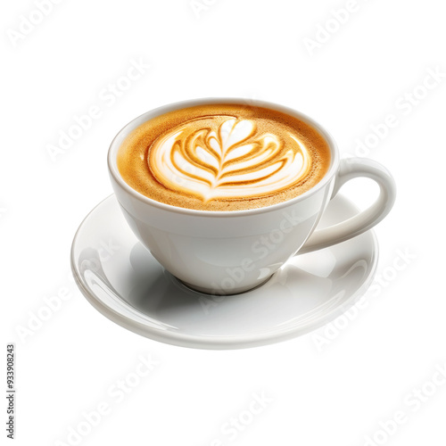 Highly realistic advertising photo of a cup of cappuccino coffee with creamy milk and latte art isolated on transparent background