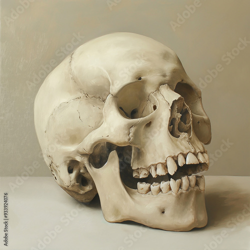 Human Skull on a Pale Surface with Neutral Background