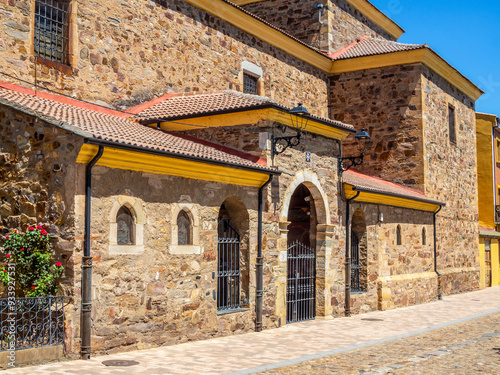 Main facade of San Juan Bautista church in Hospital de Órbigo, Spain, a key site on the Camino de Santiago pilgrimage route. Castilla y Leon, Spain.