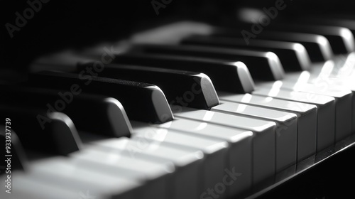 Close-up of black and white piano keys, artistically illuminated in soft light. Rich contrast highlights the classic beauty of the instrument