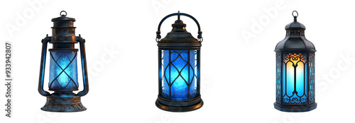 Set of vintage lanterns with blue glass isolated on transparent background