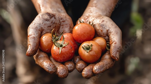 Freshly harvested tomatoes held in muddy hands, showcasing the connection between nature and agriculture in a rustic setting.