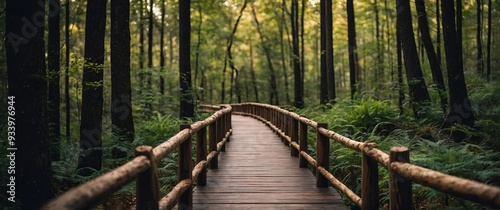 a wooden walkway in the middle of a forest.