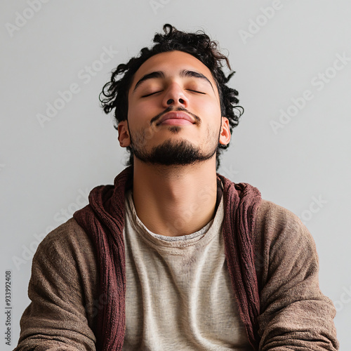 Serene Man Embracing Inner Peace and Contentment in Comfortable Attire