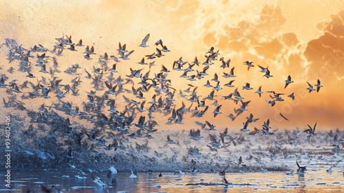 A knot flock in flight during high tide at their roost in The Wash, Norfolk.