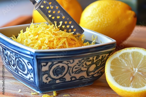 Grated lemon zest in a decorative bowl with fresh lemons on a wooden countertop