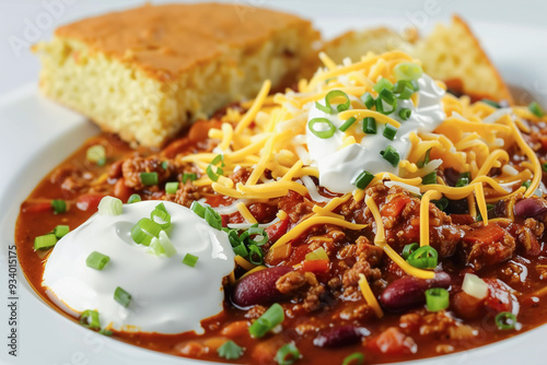 Classic chili with cheese, sour cream, and cornbread