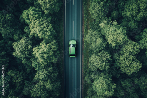 green car on forest road 