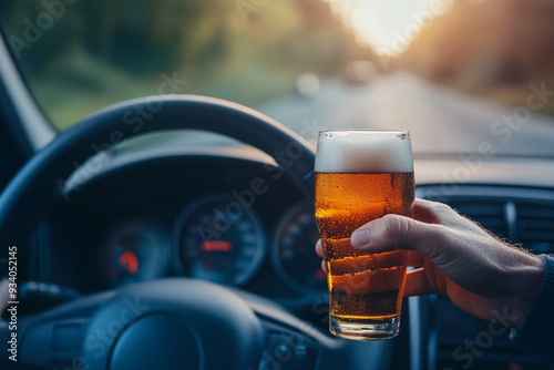 hand holding glass of beer while behind the wheel of a car, drink driving concept 