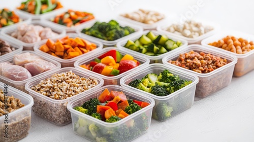 A balanced meal prep setup, featuring preportioned containers with a mix of proteins, veggies, and grains, ready for the week ahead