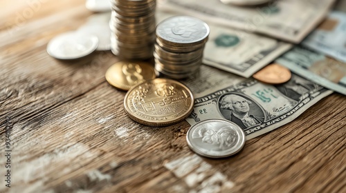 A detailed close-up of coins and banknotes arranged on a wooden surface, showcasing various denominations for financial themes.