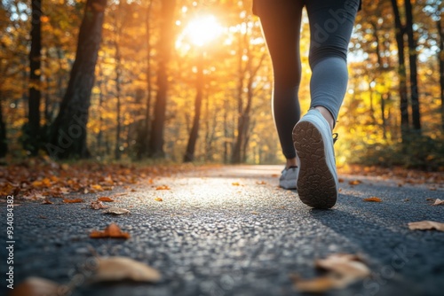 A person walking along a forest path during autumn, with the sun setting and leaves scattered around.