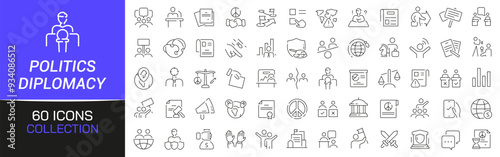 Politics and diplomacy line icons collection. Thin outline icons pack. UI icon collection. Set of line web pictogram