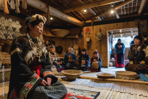 Ainu people showcasing their historically traditional crafts and artworks in Hokkaido, Japan