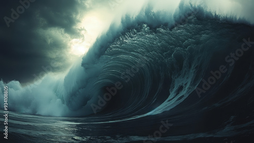 Big rolling wave breaking to the shore. Stormy weather and rough sea.