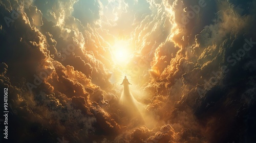 A silhouette of person ascends towards a glowing light through dramatic, golden clouds, evoking spiritual and heavenly themes with a sense of divinity and transcendence.