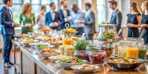 A Buffet Spread with Blurred Guests in the Background, Corporate Event, Food, Buffet, Catering , Business , Event